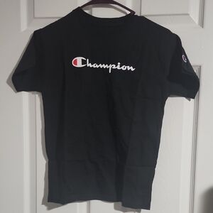Champion Black T‑Shirt with White Script and Red Accent
